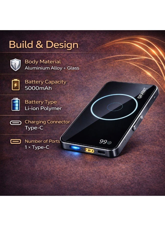 GRABIT GMAG-50 5000mAh Magnetic Power Bank (Black) with Digital Display, Type-C Fast Charging, Aluminium Alloy + Glass Body - Image 5